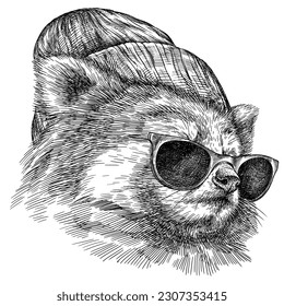 Vintage engraving isolated red panda set  glasses dressed fashion illustration ink costume sketch  Chinese bear background animal silhouette sunglasses hipster hat art  Hand drawn image