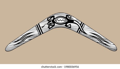 Vintage Engraving Stylized Drawing Of Wood Boomerang With Ornament