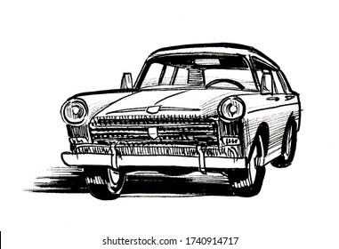 Vintage European Car. Ink Black And White Drawing