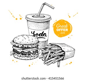 Vintage fast food special offer. Hand drawn monochrome junk food illustration. Soda, burger and french fries drawing. Great for poster, banner, voucher, coupon, business promote. - Powered by Shutterstock