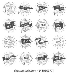 Vintage Flag Banner. Hand Drawn Retro Flags Welcome, Lets Go And Get Started Scroll Banners With Starburst Rays. Sun Ray Patriotic Strike Text Flag Isolated  Symbols Set