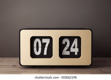 Vintage Flip Clock On A Wooden Table. 3d Rendering