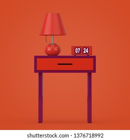 Vintage Flip Clock with Retro Night Table Lamp over Old Stylish Table on an orange background 3d Rendering 