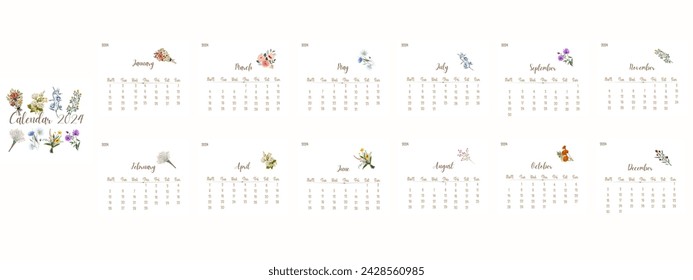 Vintage floral calendar 2024 with bouquet of flowers. A set of pages for the 12 months of 2024. illustration. - Powered by Shutterstock