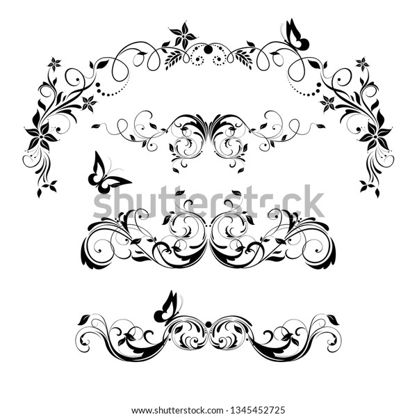 Vintage floral decorative headers and title\
collection. Black and\
white