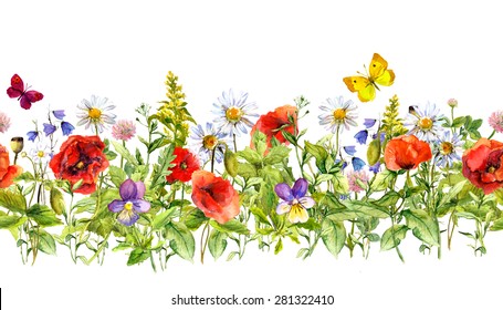 Vintage floral horizontal border. Watercolor meadow flowers, grass, herbs. Seamless frame