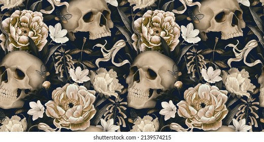 Vintage floral seamless wallpaper and skulls  peonies  butterflies  Dark botanical background  Repeating pattern for design fabric  paper  wallpaper  canvas  Hand drawn 3d illustration 