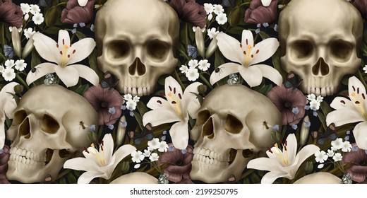 Vintage floral seamless wallpaper and skulls  lilies  butterflies  Dark mystical botanical background  Luxurious pattern for the design fabric  paper  wallpaper  canvas  Hand drawn 3d illustration