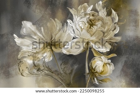 Vintage flowers on texture background, art drawing on canvas in pastel style, photo wallpaper