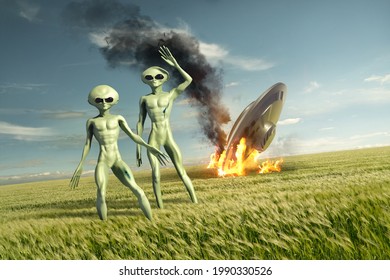 Vintage Flying Saucer UFO Crash Site With Green Aliens. Classified Extraterrestrial Life On Earth. 3D Illustration