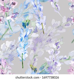 Vintage Foliage Texture. Watercolor Sketch Of Branches, Leaves And Flowers. Blue Lilac Branches. Vintage Foliage Pattern. Watercolor Blossom Branches. Spring Fresh Illustration.