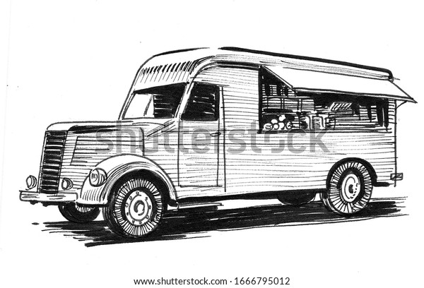 Vintage food\
truck. Ink black and white\
drawing