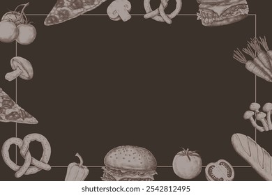 A vintage food-themed border featuring hand-drawn illustrations. Perfect for menus, food blogs, or culinary designs. VIntage food frame background illustration - Powered by Shutterstock