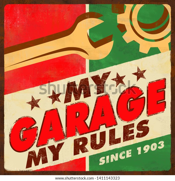 Vintage garage sign with red and green\
elements on a textured\
background