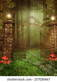 Vintage Gate With Lamps On A Meadow With Spring Flowers