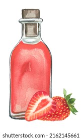 Vintage glass bottle with strawberry  illustration. Retro drink design. Strawberry essential oil clipart isolated on a white background. Aroma oil  liquid clipart. Strawberry juice for better health.