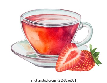 Vintage glass cup with strawberries illustration. Retro mug design. Hot drink clipart isolated on a white background. Calming herbal tea clipart. Drink for better health.