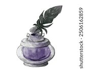 Vintage glass inkwell and black feather pen. Watercolor hand drawn illustration isolated on white background. Design for stickers, cards, invitations.