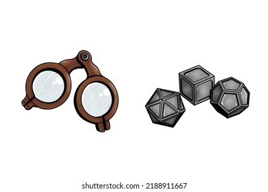 Vintage Glasses And RPG Multifaceted Dices Isolated On White Background.