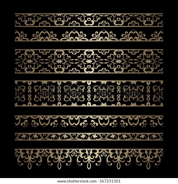 Vintage gold borders, set of seamless border
ornaments on black, raster
illustration
