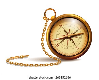 Vintage gold compass with chains and wind-rose.