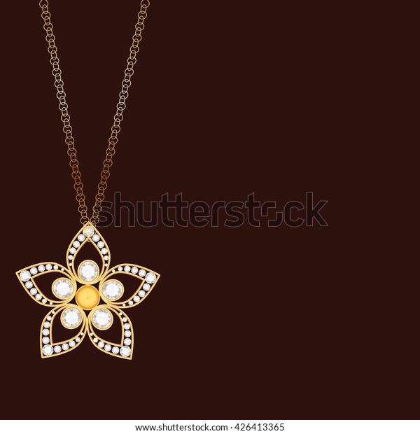 Vintage gold jewelry\
background. Diamond background. Golden background. Gold chain with\
a pendant in the shape of a flower with diamonds. Free space for\
your text. 