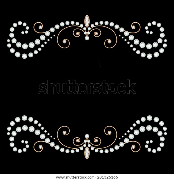 Vintage gold
jewelry frame with diamonds and pearls on black, elegant jewellery
background, raster
illustration