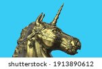 vintage golden horse head unicorn 3d illustration