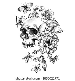 Vintage Goth Skull Butterdlies Flowers Isolated Stock Illustration 