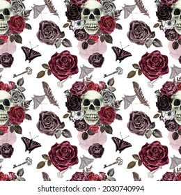 Vintage gothic style digital paper with scary skull, haunted red and black roses on white background. Halloween seamless pattern. Scrapbook wallpaper, junk journal page design.