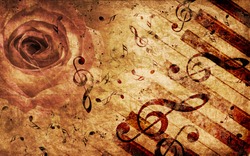 Vintage Grunge Background With Rose And Music Notes.
