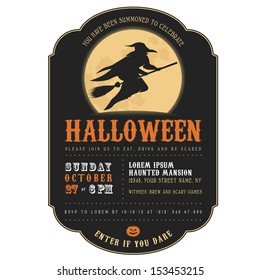 Vintage Halloween Invitation With Witch Flying On A Broom 