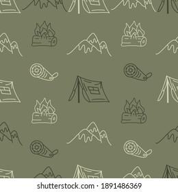 Vintage Hand Drawn Camping Seamless Pattern With Retro Camper, Tent And Mountains Elements. Adventure Line Art Graphics. Stock Hiking Linear Background