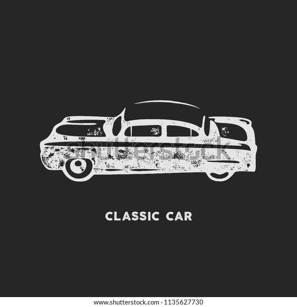 Vintage hand drawn car.\
Retro car symbol design. Classic car emblem isolated on white\
background. 