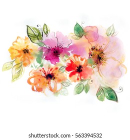 Vintage hand drawn flowers. Floral watercolor illustration. Greeting card for Mother's Day, wedding, birthday, Easter, Valentine's Day. Pastel colors.