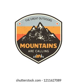 Vintage hand drawn mountain emblem. The great outdoor patch. Mountains are calling sign quote. Retro colors and grunge letterpress effect. Stock badge illustration isolated on white background - Powered by Shutterstock