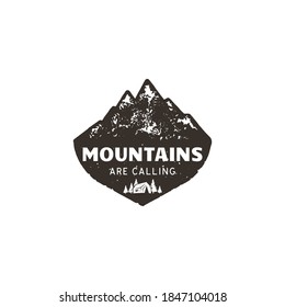 Vintage hand drawn mountain logo. The great outdoor patch. Mountains are calling sign quote. Monochrome and grunge letterpress effect. Stock mountain logo isolate on white background - Powered by Shutterstock