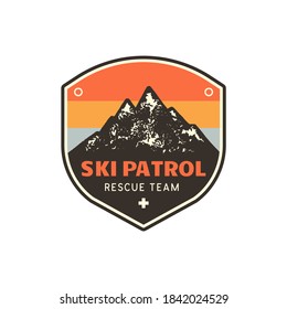 Vintage hand drawn mountain ski patrol emblem. Rescue team patch. Mountains stamp. Retro colors, grunge letterpress effect. Stock retro badge illustration isolated on white background - Powered by Shutterstock