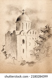 Vintage Hand Drawn Pencil Sketch Landscape With Ancient Cathedral Church Building In Chernihiv On Old Faded Paper 