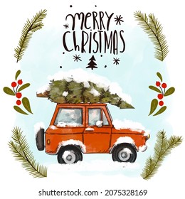 Vintage hand drawn red retro car  Christmas tree and holidays lettering  Merry Christmas greeting card