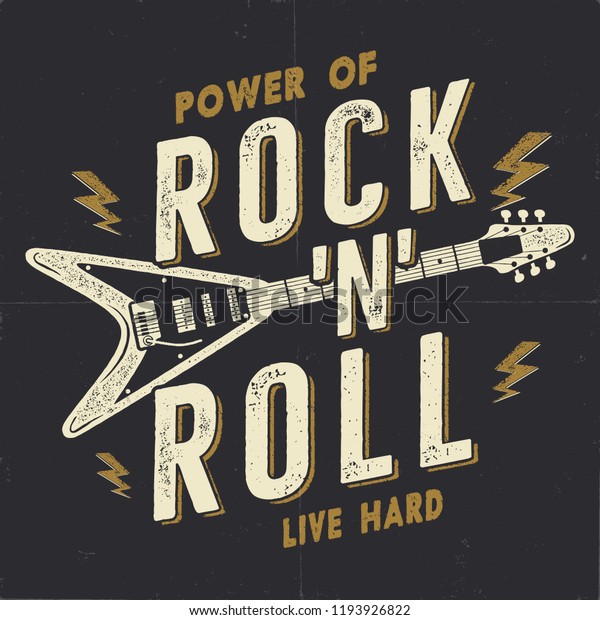 ビンテージ手描きのロックンロールポスター ロックミュージックポスター ハードミュージックt型グラフィックデザイン ロックミュージックtシャツ Power Of Rock N Rollの引用 レトロな壁紙 エンブレム のイラスト素材