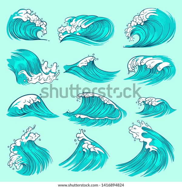ビンテージ手描きの海青の波と跳ね 海洋嵐水セット 波打ち海 波状海流イラスト のイラスト素材