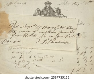 Vintage handwritten document with elegant script, featuring an old seal. The document includes dates, currency, and signatures, showcasing historical handwriting. Vintage etching illustration.