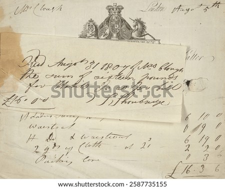 Vintage handwritten document with elegant script, featuring an old seal. The document includes dates, currency, and signatures, showcasing historical handwriting. Vintage etching illustration.