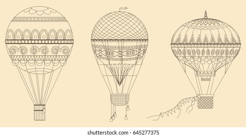 Vintage Hot Air Balloons  Illustration. Thin Line Baloon Collection.