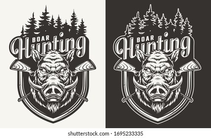 Vintage hunting monochrome badge with angry boar head crossed guns and forest silhouette isolated  illustration