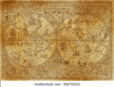 Vintage illustration of ancient atlas map of world on old paper. Pirate adventures, treasure hunt and old transportation concept. Grunge texture with graphic drawings and mystic symbols