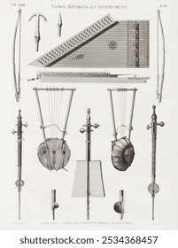 Vintage Illustration of antique musical instrument published in 1809-1828 by Edme-Francois Jomard (1777-1862). Vintage painting illustrations, Ancient art print of antique musical instruments. 