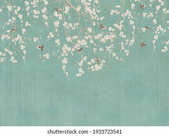 Vintage illustration with branches and birds on green background. Design for wallpaper, photo wallpaper, fresco.