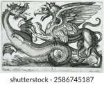 Vintage illustration of a dragon and griffin in combat. Detailed etching of mythical creatures, dragon and griffin, showcasing classic fantasy art style. Vintage animal art illustration.